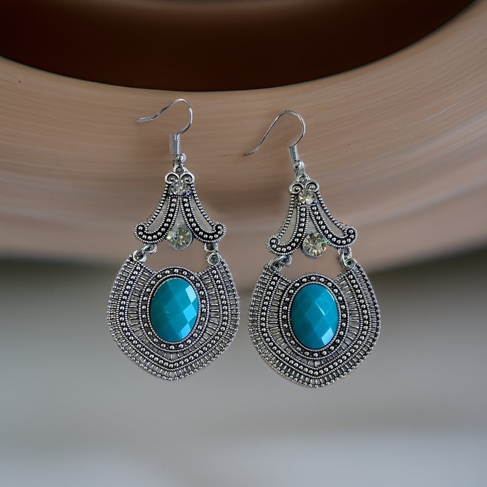 Turquoise Silver Plated Moroccan Boho Style Dangle Earrings Jewelry for Her